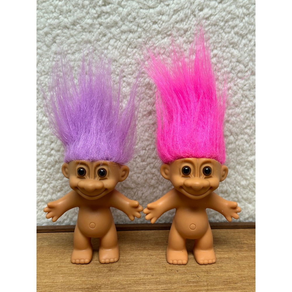 Vintage Troll Doll Lot of 2 Russ Pink and Purple Fuzzy Hair Retro 90s Figures